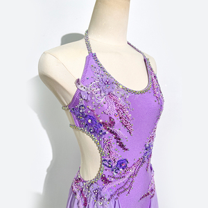 Traje de Danza Contemporánea de Jazz con Pedrería y Diseño Halter en Lavanda, Falda Asimétrica de Malla, para Competencia y Actuaciones en Escenario, para Mujer - Product Image 3