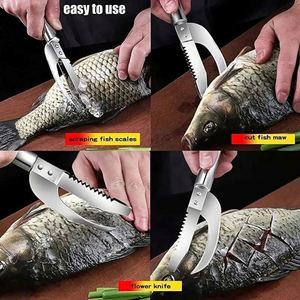1 pièce Grattoir à écailles de poisson 3-en-1 en acier inoxydable, écologique, pour la maison, les restaurants, la cuisine, le camping et le barbecue, design simple, en métal - Product Image 2