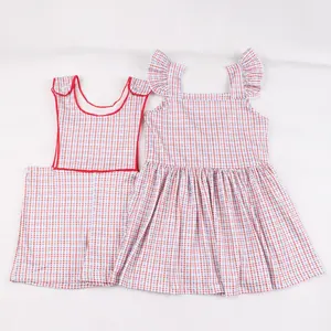 תינוקת מסיבת קיץ שמלת 2-3 שנה יום הולדת שמלת פוליאסטר אדום משובץ מעושן שמלת התאמת בגדי סרבלי