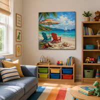 Peinture à l'huile Impasto sur toile, motif chaise de plage tropicale, paysage, faite à la main, originale, grande taille, décoration murale moderne de luxe pour la maison