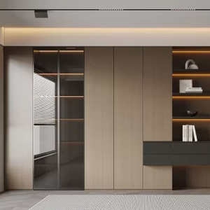 Armoire-penderie moderne autoportante en bois avec cloison en verre, éclairage LED, grande capacité, gain de place pour la maison, la chambre à coucher/la villa - Product Image 1