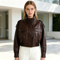 Veste en cuir courte décontractée pour femme, col montant et design épaulettes, marron foncé, veste en cuir personnalisée