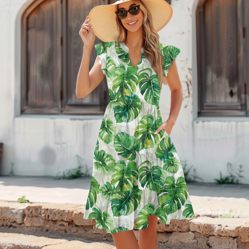 Hawaiian Tropical Monstera Print Short Sleeve Summer Dresses