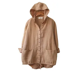 Spring Summer Autumn 100% linen blouse hooded long sleeve casual blouse