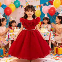 Robes de demoiselles d'honneur, robe de princesse rouge avec roses 3D, jupe longue, robe de mariage, robe de fête d'anniversaire, costume de spectacle, robe pour enfants