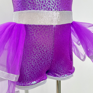 Purple Sequin Criss Cross Back Kids Tutu Dance Costume Bow Decor Silver Trim Tulle <b>Skirt</b> Girls Jazz Tap Stage Performance Wear - Product Image 4