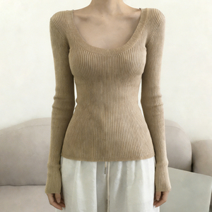 Suéter de Punto Básico con Cuello Redondo para Mujer, Color Sólido, Corte Ajustado, Elegante y Sexy, para Primavera y Otoño - Product Image 4