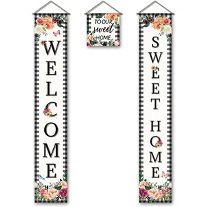 2024 New Design High Quality 300D Polyester Fabric Welcome Floral Porch Spring Summer Door Banners for Outdoor Seasonal Wedding