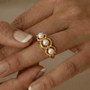 Classic Three Stone Pearl <b>Ring</b> Women's 9K Gold Jewelry 18K Gold Plated Round Natural Pearl Prong Setting Daily Wedding Style - Product Image 1