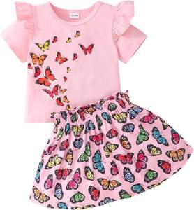 小さな女の子のスカートセット キッズツーピース春夏服 蝶柄ワンピース 猫柄子供用スカート 幼児女の子服セット - Product Image 3