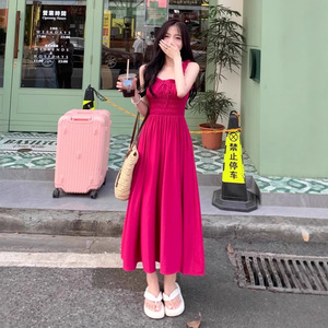 French Retro Rose Red U Neck Suspender Maxi Dress Pleated Waist Full Skirt Women Summer Casual Dress Breathable Vintage Style - Product Image 1