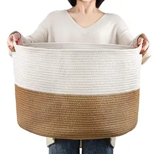 带有手柄的超大编织棉绳储物篮是玩具洗衣毛毯篮和苗圃篮的理想选择