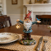 Statue de gnome de jardin extérieur avec lanterne solaire, figurine de nain en résine imperméable avec oiseaux pour décorations de patio, de cour et de pelouse