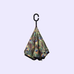 Unique Self Standing Reverse Design Green Peacock <b>Feathers</b> Double Layer Inverted Umbrella With C-Shaped Handle - Product Image 2