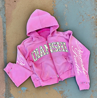 Güneş soluk streetwear ağır hoodie bahar özelleştirilmiş baskılı çift zip hoodie asit yıkama rhinestone fermuarlı kapüşonlu eşofman üstü erkekler için