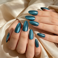 24 faux ongles autocollants vert sarcelle effet œil de chat, longs, forme amande, magnétiques, scintillants, réutilisables, vente en gros