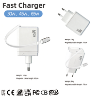 Chargeur USB C GaN 65W, adaptateur de charge rapide pour voyage, PD 3.0, câble magnétique rétractable de type C pour ordinateur portable, téléphone, OTP