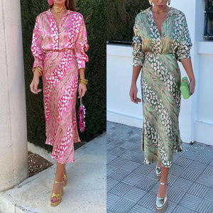 2673 personnalisé été nouvelles femmes imprimé élégant revers à manches longues chemise taille haute <span class=keywords><strong>robe</strong></span> costume - Product Image 1