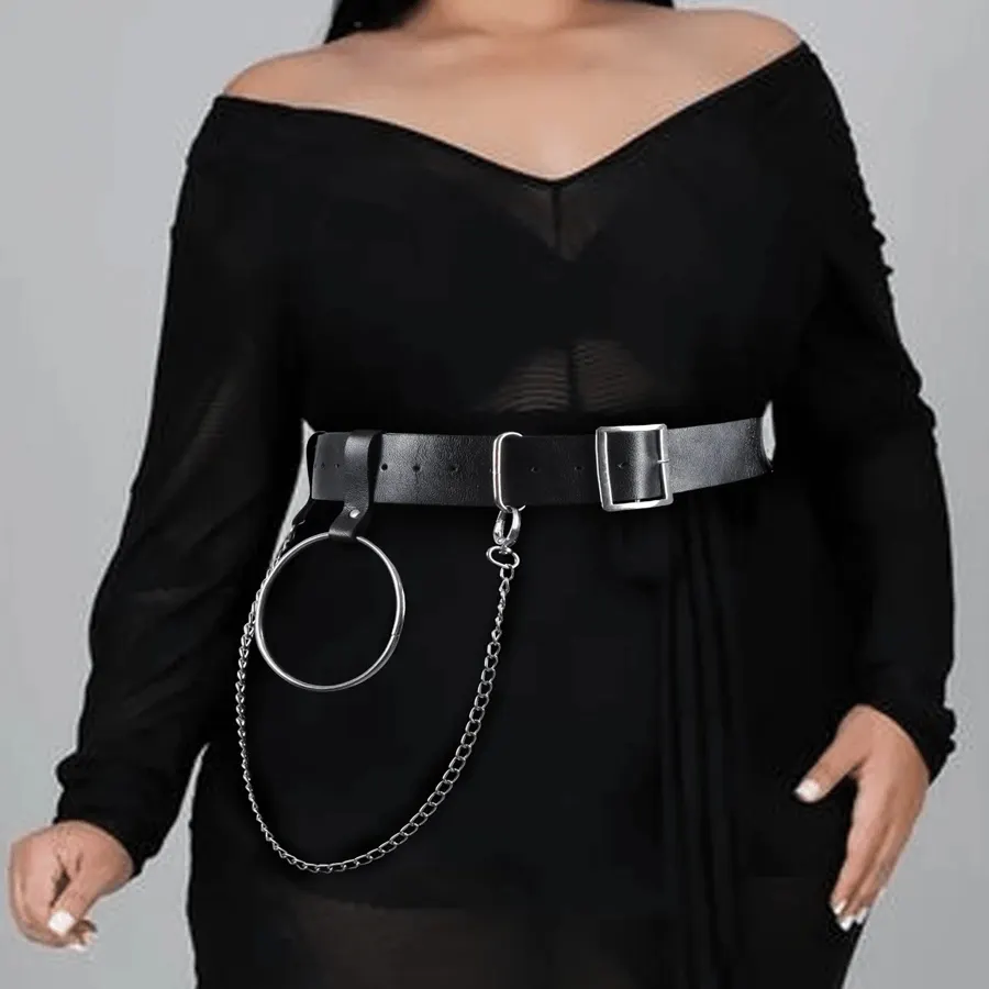 बीडीएसएम बॉन्डेज महिलाओं की प्लस साइज ब्लैक राउंड बकल सिंगल-लेयर चेन डेकोरेटेड फैशन बेल्ट