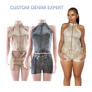 Conjunto de dos piezas de mezclilla para mujer, top sin mangas con cuello halter y pantalones cortos de mezclilla, ropa de verano de alta calidad. - Product Image 1