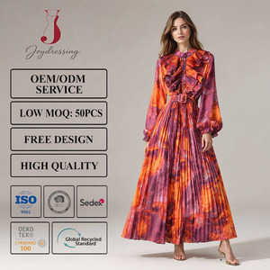 Abito lungo da donna Joydressing con stampa astratta, plissettato, a <span class=keywords><strong>maniche</strong></span> <span class=keywords><strong>lunghe</strong></span>, con cintura, personalizzabile OEM ODM - Product Image 1