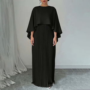 Elegante Vestido Maxi Plisado con Capa, Cuello Redondo, Corte Favorecedor, para Fiesta de Cóctel de Otoño, Vestido de Mujer, MOQ 1, Proveedor de <span class=keywords><strong>Boutique</strong></span> - Product Image 1