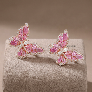 Boucles d'oreilles clous papillon en moissanite rose taille poire, or 10K 14K 18K, argent sterling 925 935, bijoux de luxe raffinés - Product Image 1