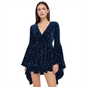 Ropa de <span class=keywords><strong>Mujer</strong></span> Europea y <span class=keywords><strong>Americana</strong></span> de Moda, Estampado de Estrellas, Cuello en V, Mangas de Campana, <span class=keywords><strong>Terciopelo</strong></span> de Verano, Superventas Transfronterizas - Product Image 2