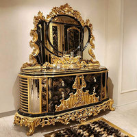 Lit king size en tissu noir sculpté avec feuilles d'or, style français luxueux, meubles de chambre à coucher de style européen, lit en bois massif sculpté.
