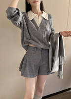 Pulls en cachemire gris personnalisés à col rabattu pour femme – Nouveauté simple, polyvalente et ample avec logo frontal