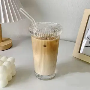 Stripe Glass with Lip Straw Cup Chic Milk Coffee Cups with Lid Tea Cup Wedding Gifts Dropship