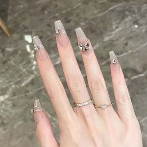 Faux ongles à presser nude, forme cercueil, taille moyenne, avec strass brillants et ligne blanche, finition brillante, réutilisables, à coller, pour usage quotidien et soirées - Product Image 4