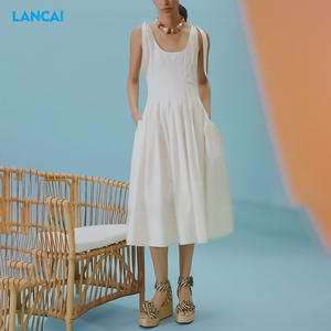 Vestido MIDI <span class=keywords><strong>de</strong></span> <span class=keywords><strong>mujer</strong></span> plisado con cuello profundo suave <span class=keywords><strong>de</strong></span> algodón 100% personalizado con correa ancha para <span class=keywords><strong>ropa</strong></span> informal <span class=keywords><strong>de</strong></span> verano - Product Image 2