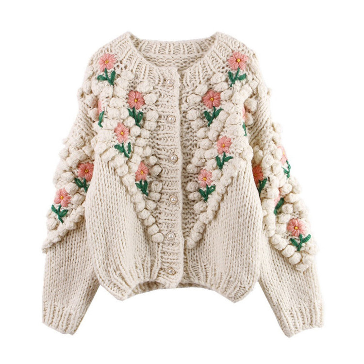 Elegant Floral Pearl Cardigan For Women – 3D Embellished Knit Sweater Coat With Round Neck & Long Sleeves - View #8