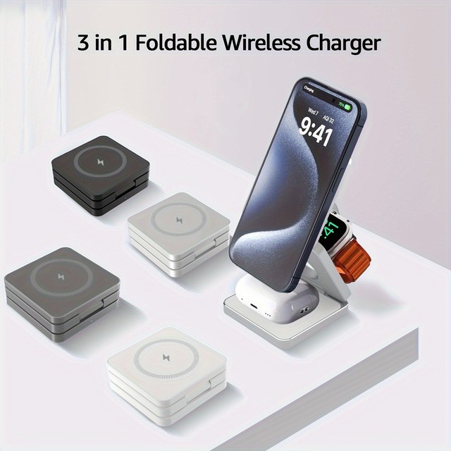 Trending Multifunctional 15W Fast Charging Foldable 3 in 1 Wireless Charger Compatible for iPhone 17 15 16 QC3.0 Type-C Charger