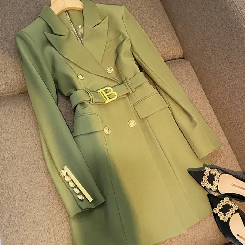 Elegant Double-breasted Long Sleeve Notched French Style Women Office Blazer Dress With Belt