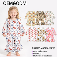 Romper Bayi Perempuan Serat Bambu Premium Lengan Panjang Motif Bintang Pita di Seluruh Badan Hiasan Ruffle Kancing Selangkangan Desain Khusus Pakaian Bayi