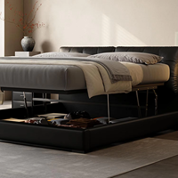 Tête de lit relevable COSTFULL personnalisable en cuir véritable noir, avec rangement, support en bois robuste, rembourrage, mobilier de chambre à coucher