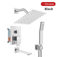 Système de douche encastré noir mat 3 fonctions - Pommeau de douche carré 8 pouces, douchette à main et bec de baignoire en laiton