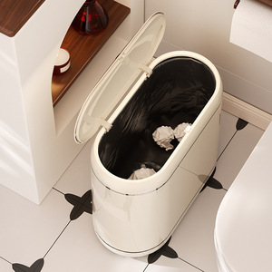 Oval Waste Bin With Lid And Wheels For Bathroom Indoor Use Large Capacity Narrow Slit Design - Product Image 3