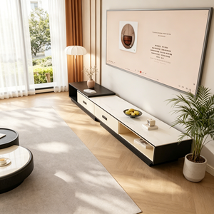 Meuble TV haut de gamme à plateau en marbre bicolore, tiroir coulissant lisse avec rangement dissimulé, console multimédia minimaliste de luxe léger pour salon - Product Image 4
