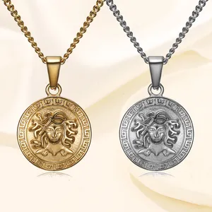 En stock acier inoxydable pièce de monnaie grecque méduse pendentif collier hip hop femmes hommes mythologie bijoux plaqué or méduse collier - Product Image 1