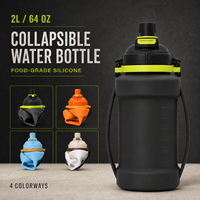 Bouteille d'eau pliable en silicone 2L, qualité alimentaire, sans BPA, anti-fuite, avec paille, couvercle à bec verseur, sangle d'épaule, logo personnalisé, usine OEM
