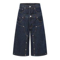 Jean large à double taille pour homme, avec ceinture superposée, clous argentés, denim indigo foncé, coupe évasée, style streetwear