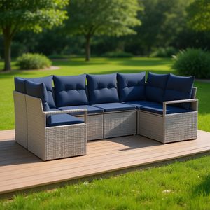 Conjunto de Sofá de Jardín de Ratán Sintético Gris con Cojines, Muebles de Exterior de Diseño Contemporáneo, 6 Plazas - Product Image 3