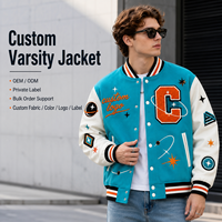 Veste universitaire pour homme en patchwork turquoise et blanc, broderie graphique, style streetwear décontracté, épaisse, en gros