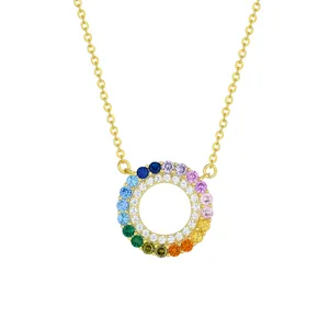 925 Sterling Silver Women Necklace 18K Gold Plated Colorful Cubic Zirconia Lover Gift Hollow Round Fine Jewelry Necklace