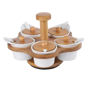 5pcs White Ceramic Seasoning Jars Set with Bamboo Lid&Rack Holder.Bamboo Condiment Pots,Sugar Bowls/Containers with Spoons