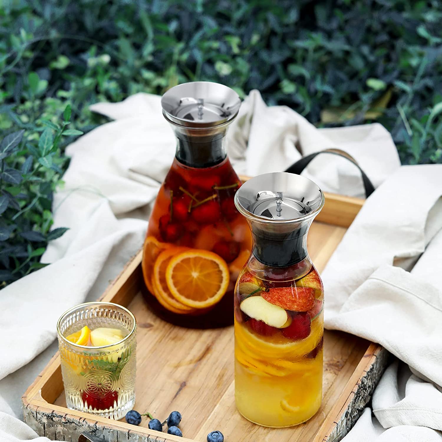 35 Oz Glass Carafe with Stainless Steel Silicone Flip-top Lid Glass Water Pitcher Fridge Ice Tea Maker