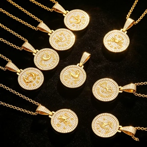 Collana con Ciondolo a Moneta Iced Out 12 Costellazioni, Portachiavi, Medaglione Segno Zodiacale in Zirconia, Gioielli Hip Hop, Regalo per Uomini e Donne - Product Image 1